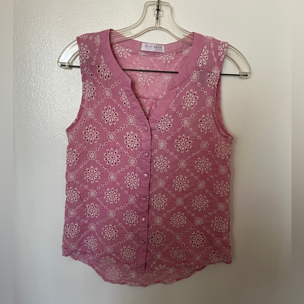 Pink Eyelet Embroidered Sleeveless Blouse Coquette Cottagecore Button Front S